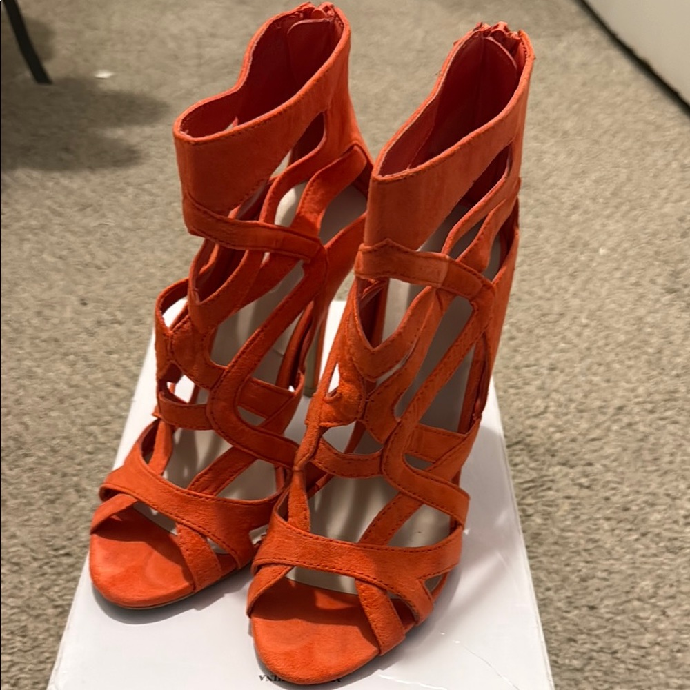 Aldo Orange Cage Heels with Zip-Up Back